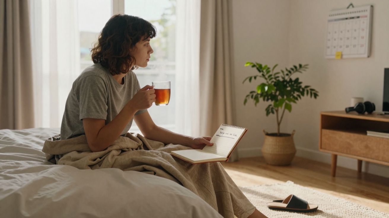 Pessoa sentada na cama a beber chá e a escrever num caderno numa manhã iluminada por luz natural.