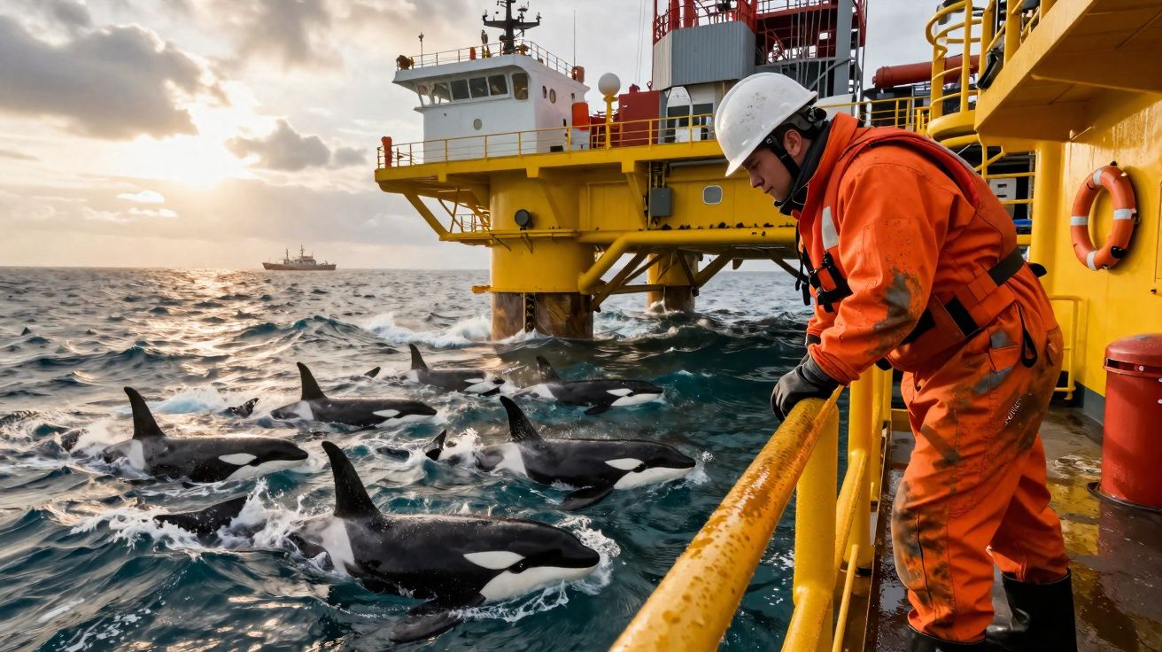 Homem de fato laranja observa grupo de orcas junto a plataforma petrolífera no mar ao pôr do sol.