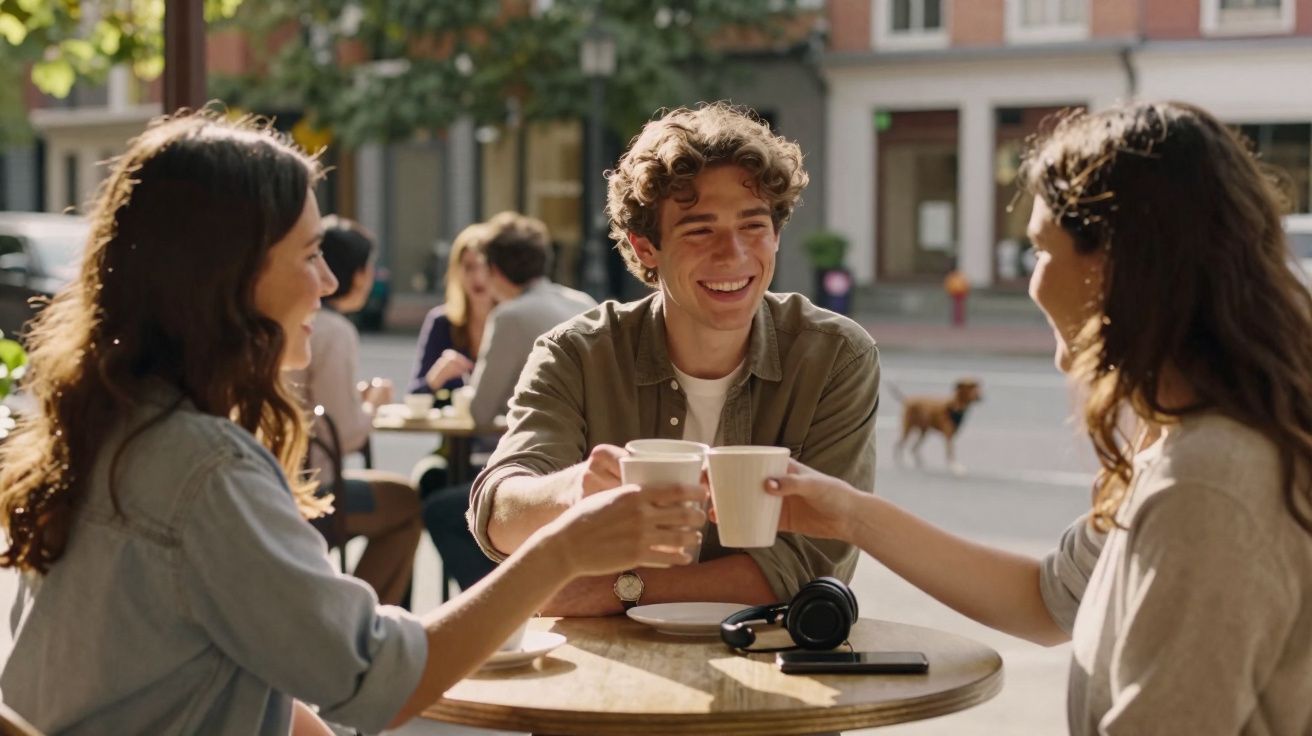 Três jovens sentados numa esplanada a brindar com copos de café em dia soalheiro.