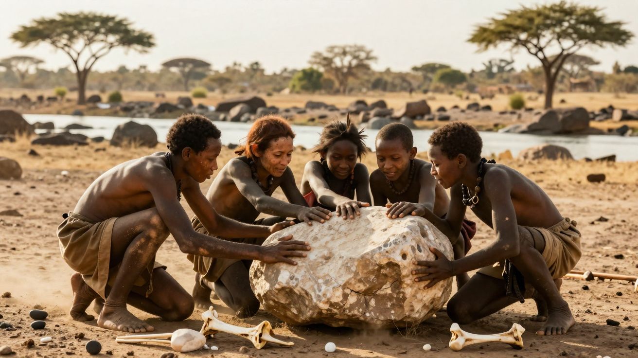 Cinco crianças nuas agachadas ao redor de uma grande pedra num terreno seco, rodeadas por ossos e natureza.