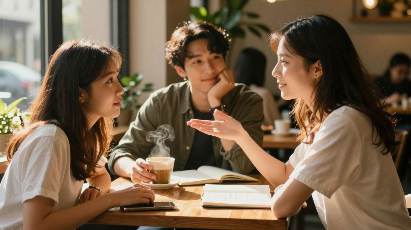 Três jovens sentados à mesa de um café, conversando e bebendo café, com livros abertos e ambiente iluminado.