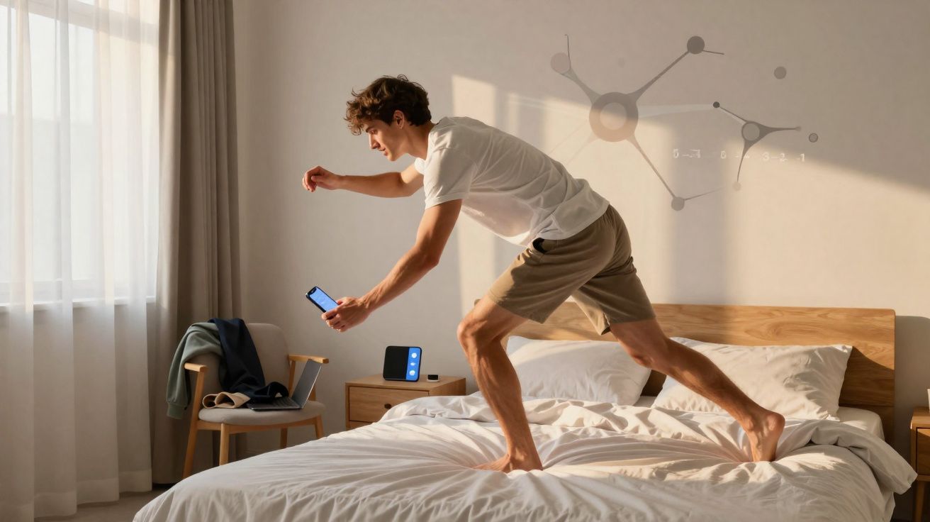 Homem jovem em roupa casual a saltar na cama segurando um telemóvel numa manhã iluminada.
