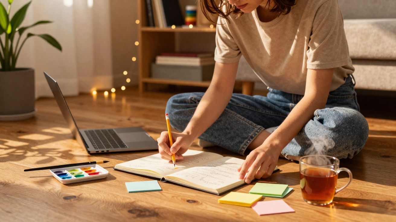 Pessoa a escrever num caderno sentada no chão com chá, post-its, aguarelas e portátil ao lado.