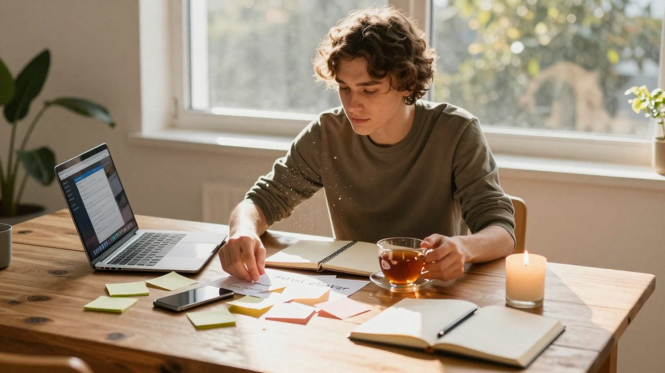 Jovem sentado à mesa a organizar notas, com chá, caderno, portátil e vela acesa num ambiente iluminado.