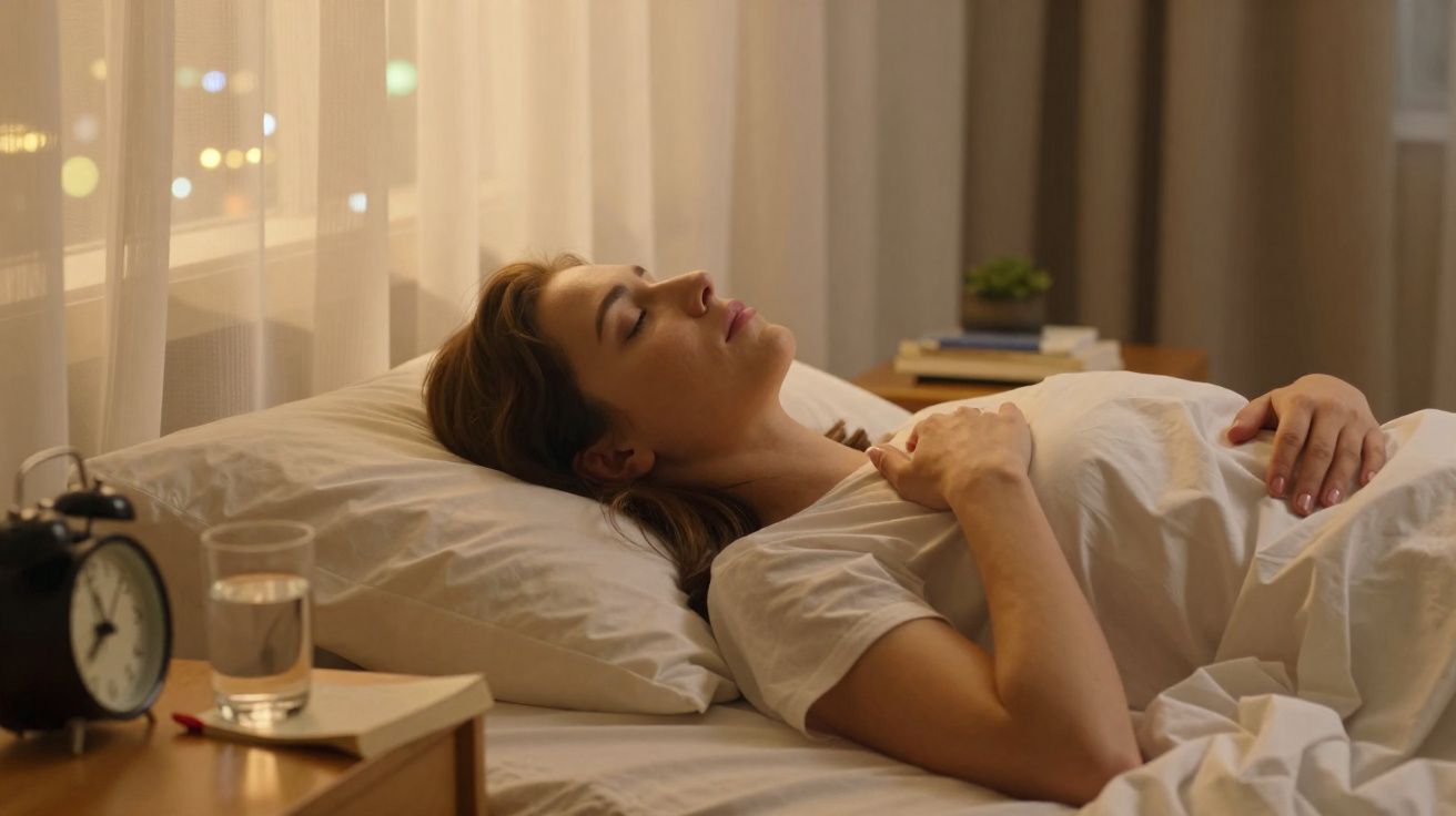 Mulher deitada na cama com expressão serena, luz suave entra pela janela com cortinas translúcidas.