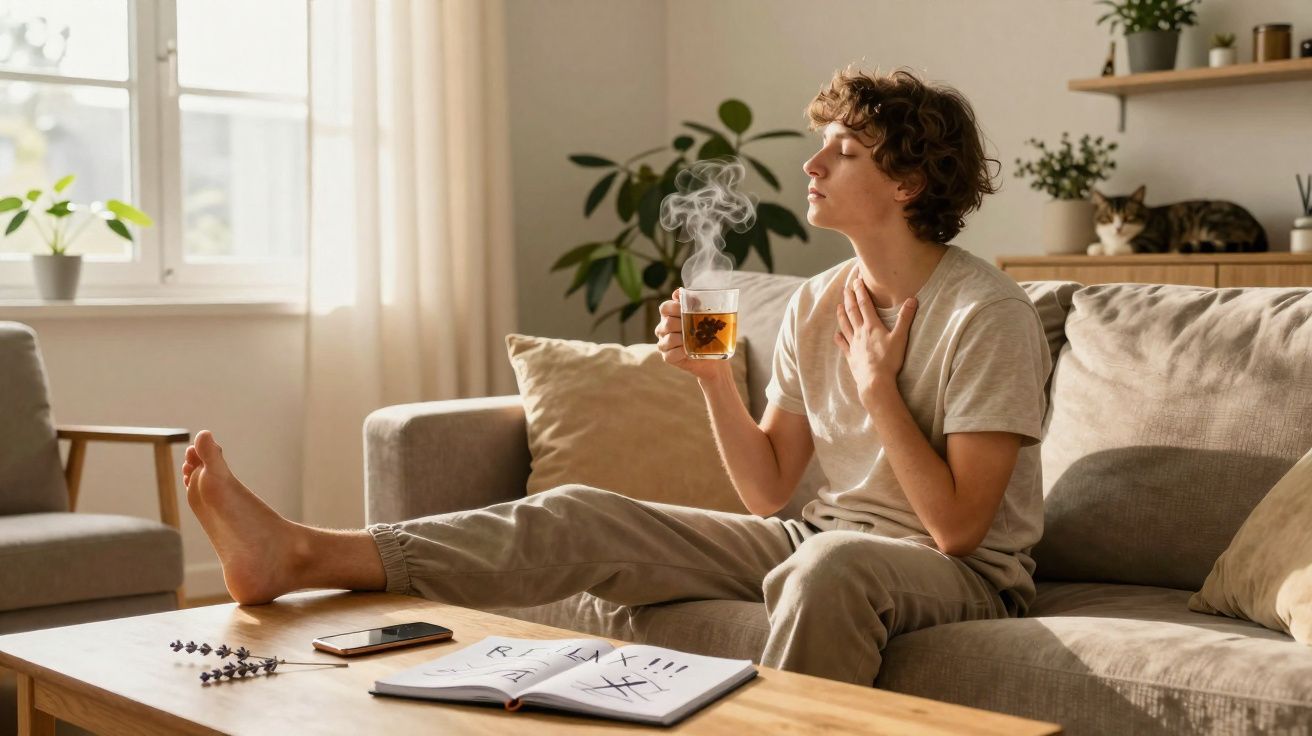 Pessoa jovem sentada no sofá a cheirar chá quente com expressão de relaxamento numa sala iluminada.
