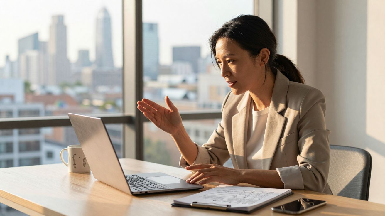 Mulher sentada numa secretária, a falar num computador portátil com vista para a cidade ao fundo.