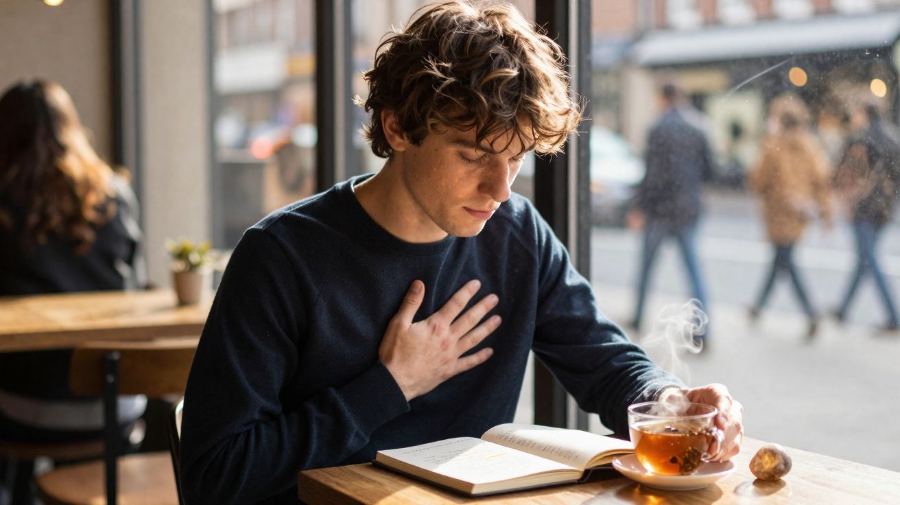 Homem jovem sentado numa cafeteria, segurando o peito e observando um chá quente sobre a mesa, com um livro aberto.