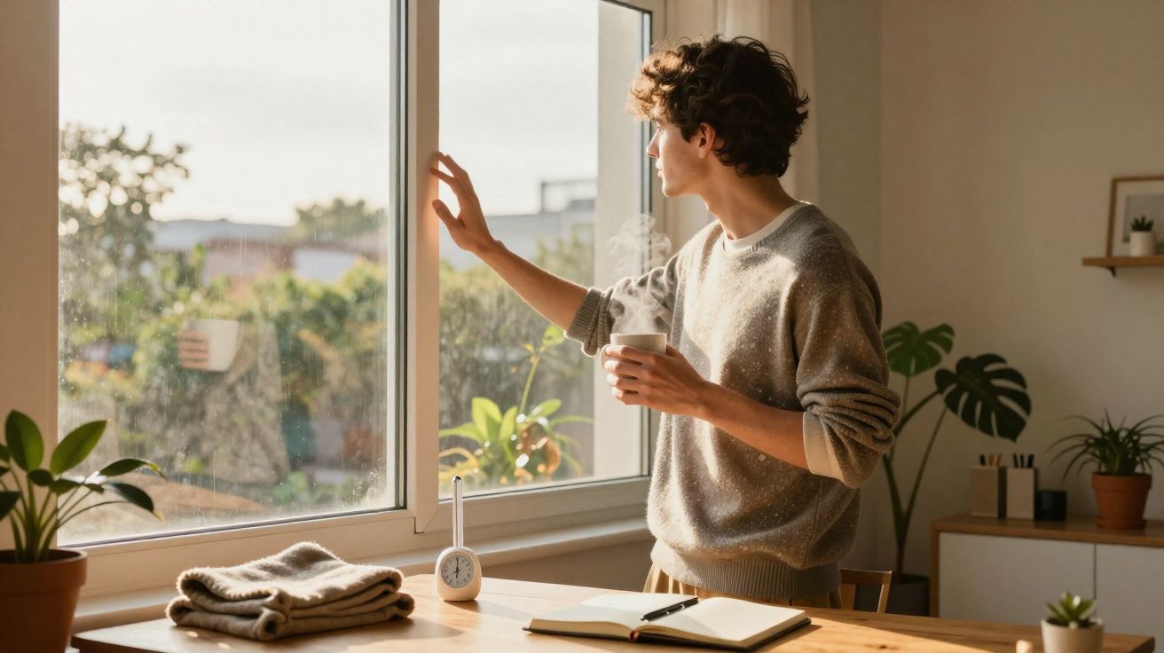 Jovem com café na mão observa pela janela ampla enquanto está numa mesa com plantas e caderno aberto.