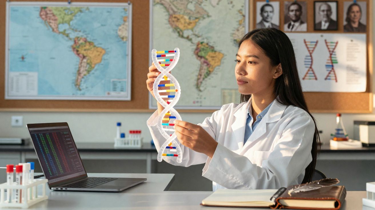 Mulher cientista num laboratório a analisar modelo tridimensional da molécula de ADN.