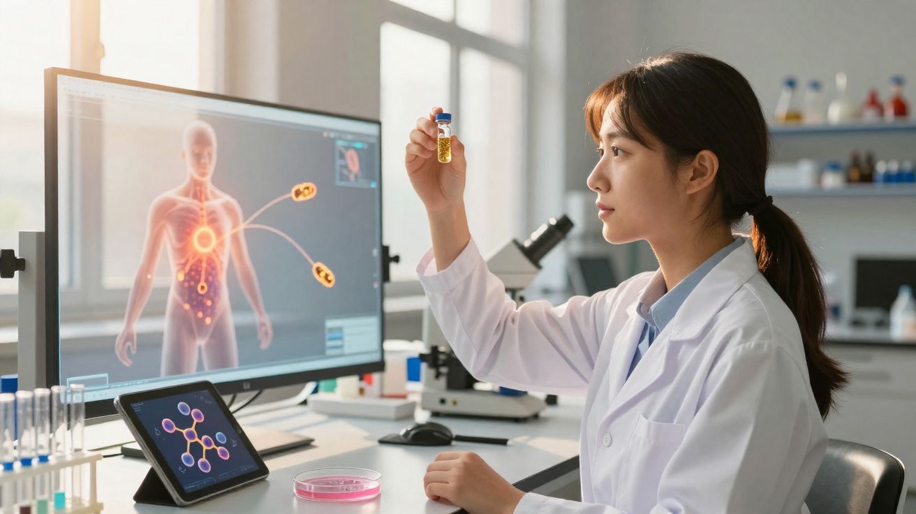 Mulher cientista a analisar amostra em tubo com imagens digitais de corpo humano e moléculas num laboratório.