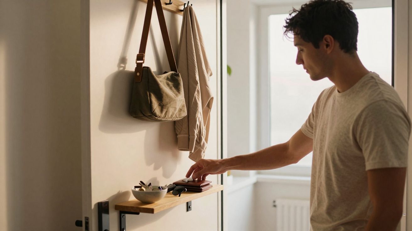 Homem de camiseta bege a apanhar carteira numa prateleira na entrada de casa iluminada pela luz natural.