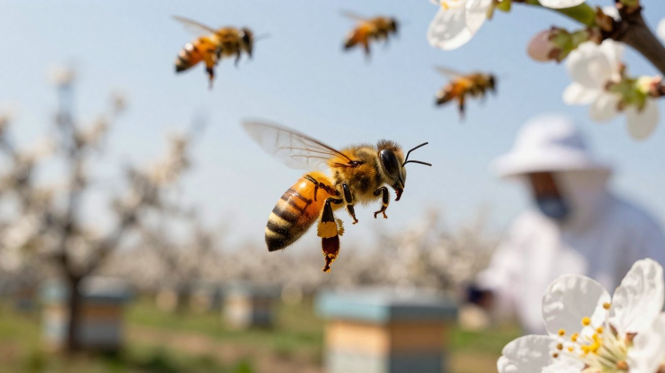 Abelha a voar perto de flores brancas com apicultor desfocado ao fundo em campo florido.
