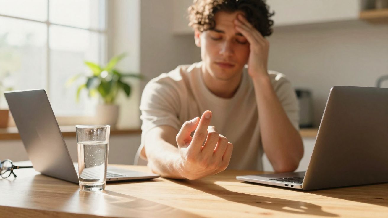 Jovem sentado entre dois portáteis, com expressão de cansaço e dor de cabeça, segurando a têmpora.