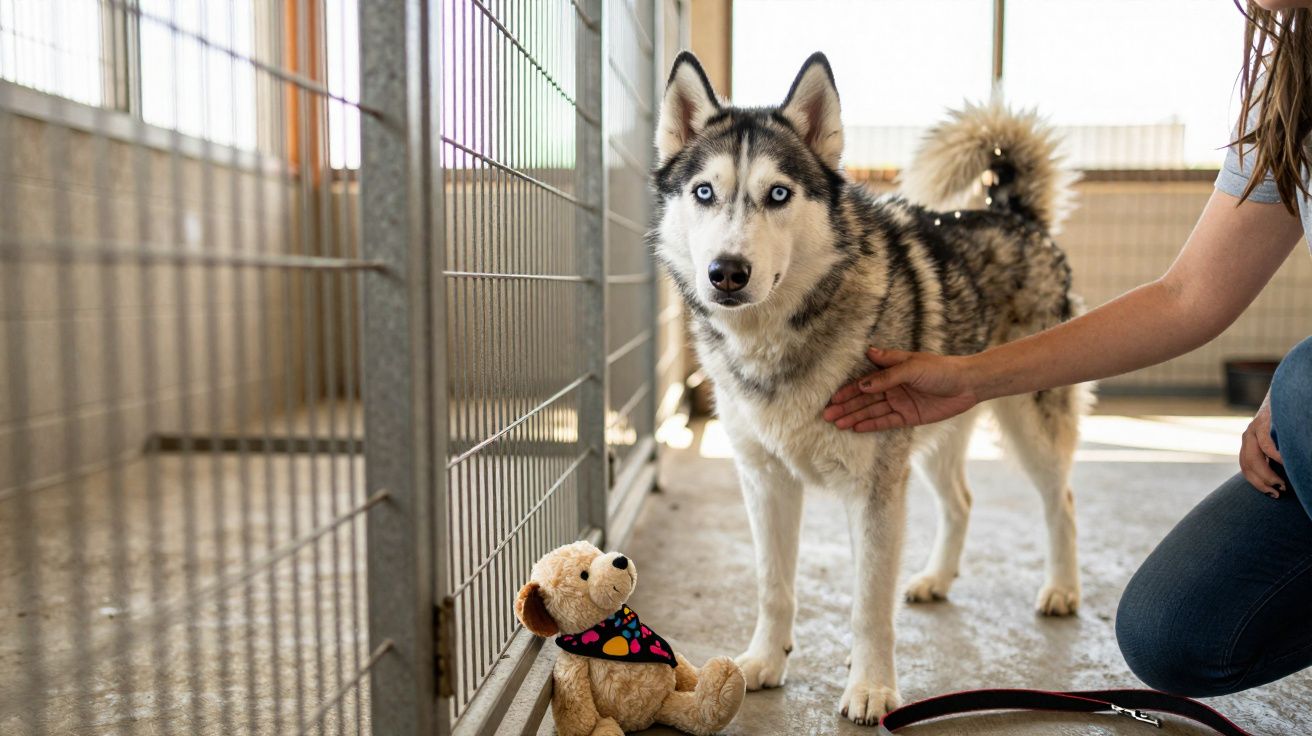 Cão husky com olhos azuis perto de peluche enquanto pessoa o acaricia num espaço fechado.