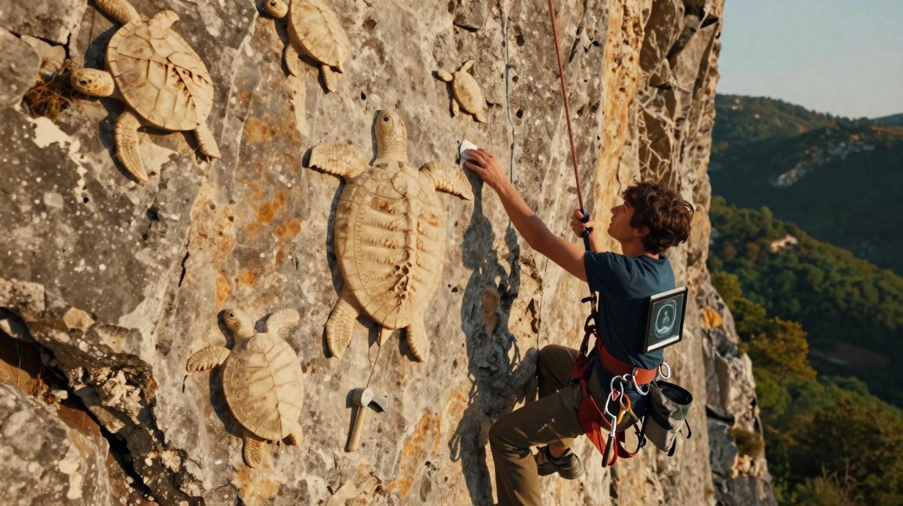 Jovem escalando rocha com esculturas de tartarugas em relevo e equipamento de segurança, paisagem natural ao fundo.