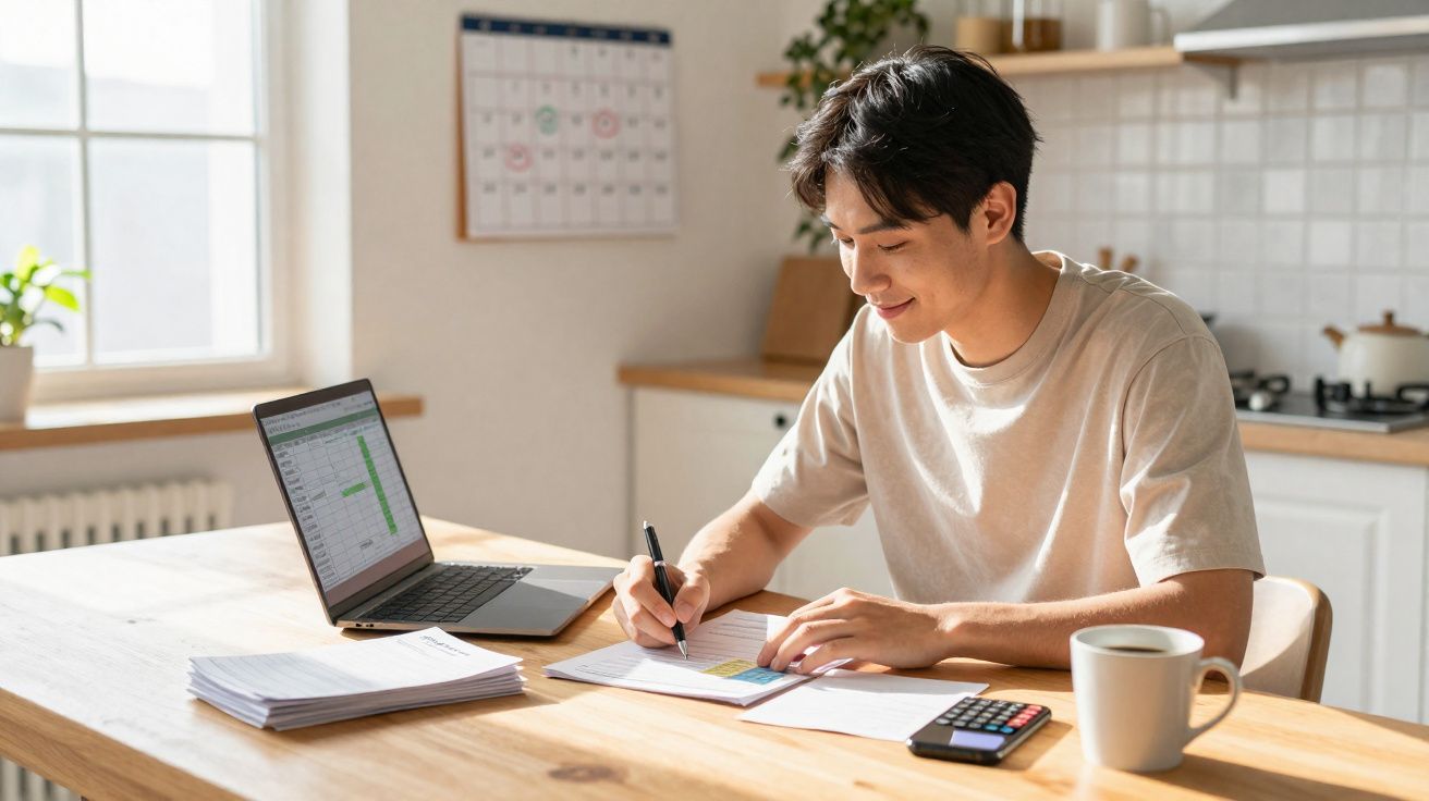 Jovem a trabalhar com laptop, calculadora e documentos numa mesa de cozinha bem iluminada.