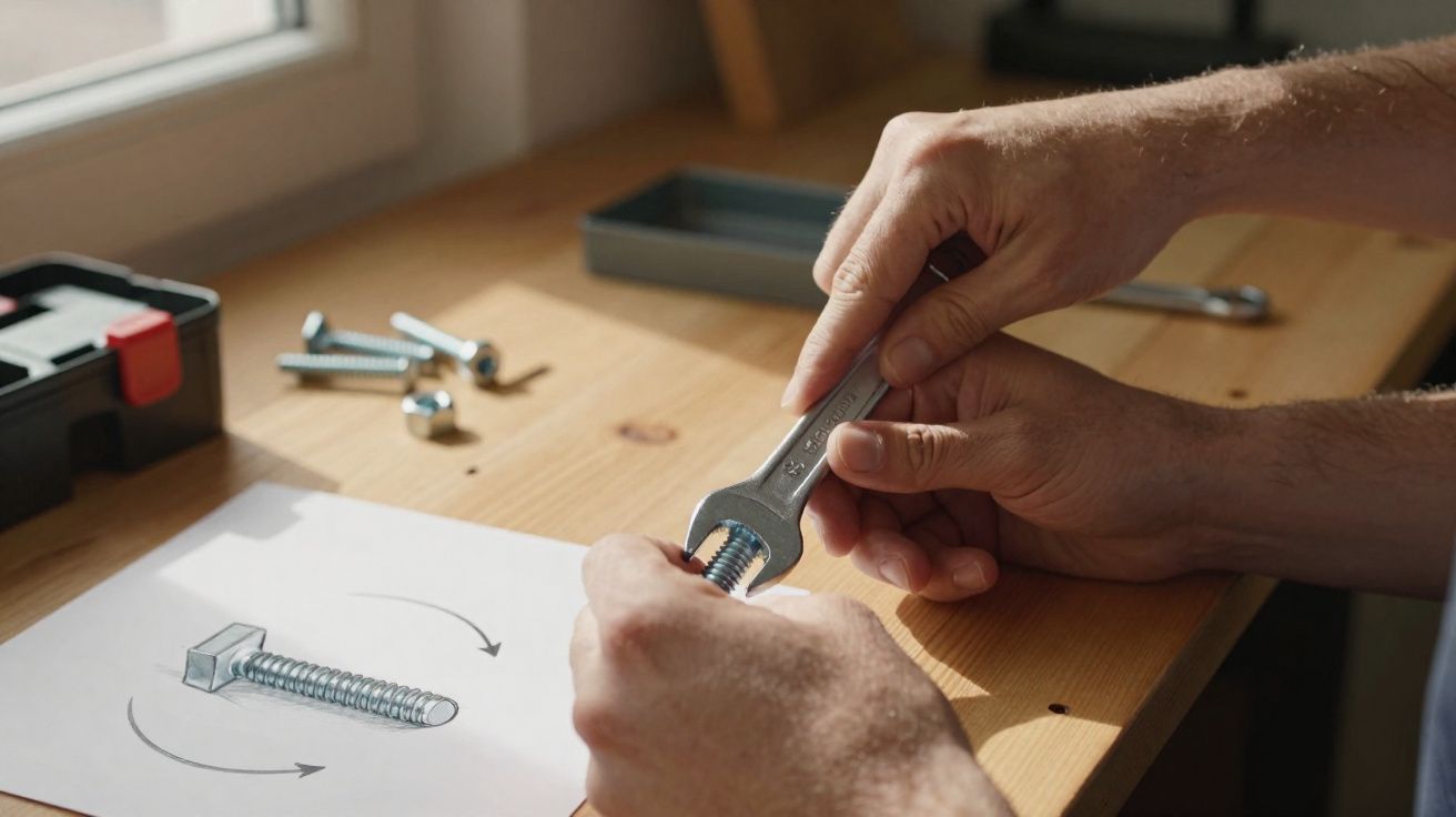 Mãos a apertar porca com chave inglesa, mesa de madeira, parafusos e desenho de parafuso em papel.