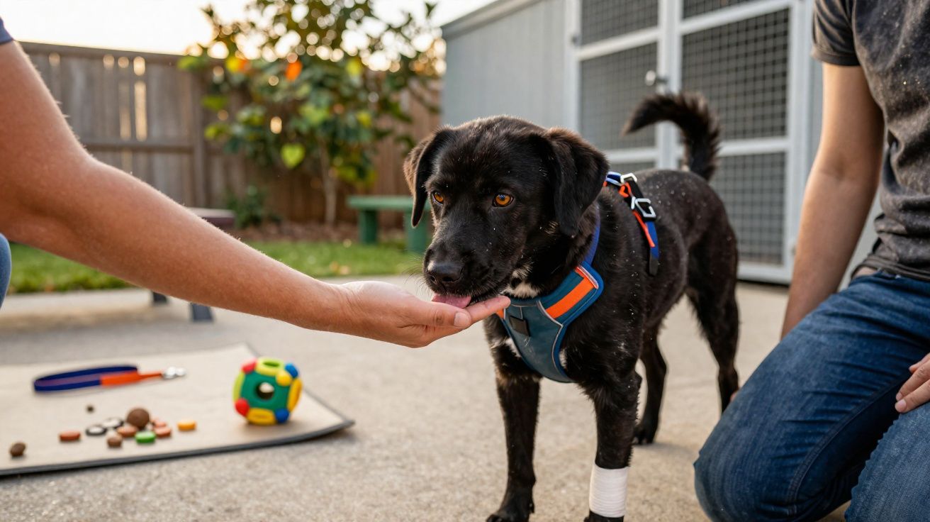 Cão preto com coleira azul a ser alimentado à mão por uma pessoa num pátio com brinquedos perto.