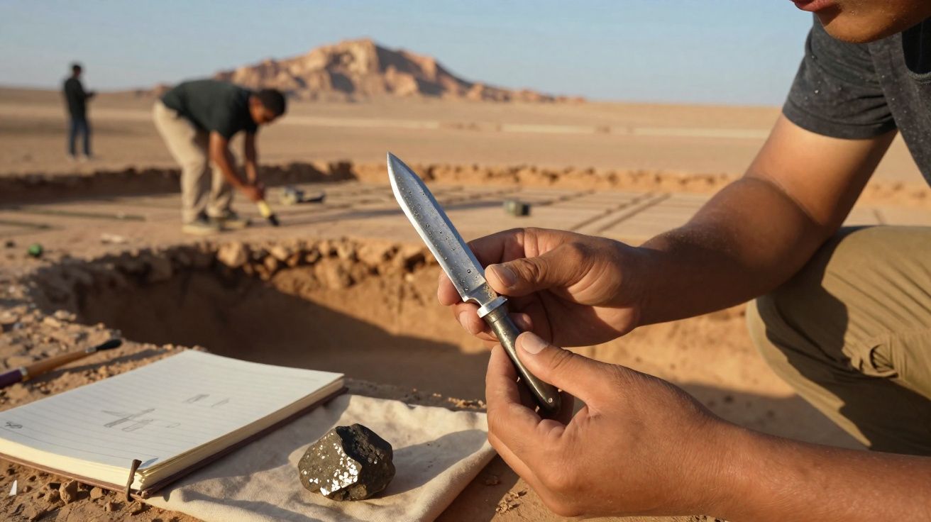 Pessoa a segurar uma adaga antiga durante escavação arqueológica no deserto, com caderno e pedra próxima.