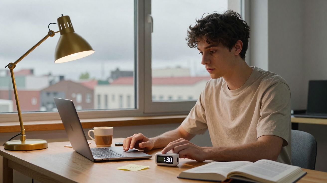 Jovem a estudar num escritório com computador, relógio digital, livro aberto e lâmpada amarela.