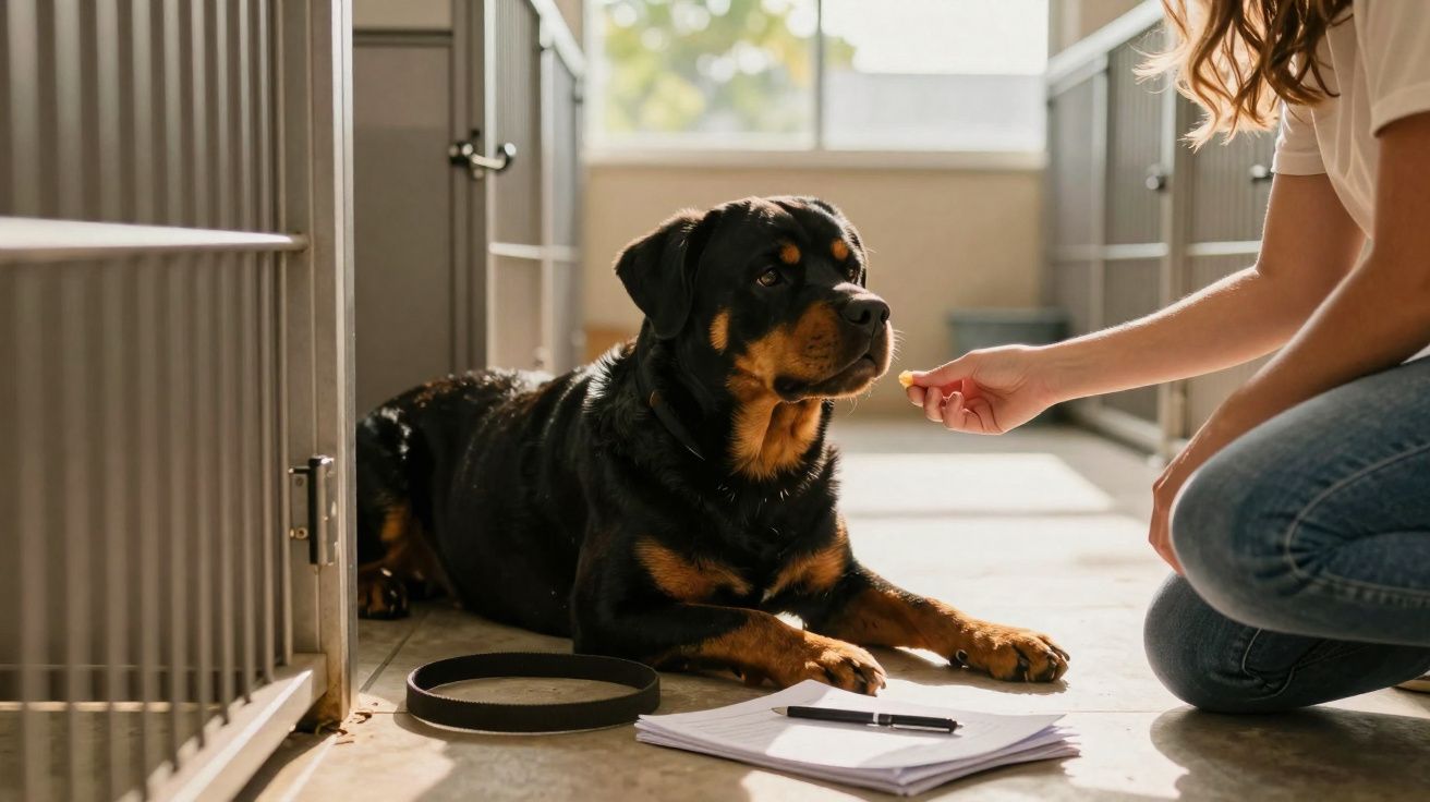 Cão Rottweiler deitado enquanto pessoa lhe oferece petisco numa área fechada com cadernos no chão.