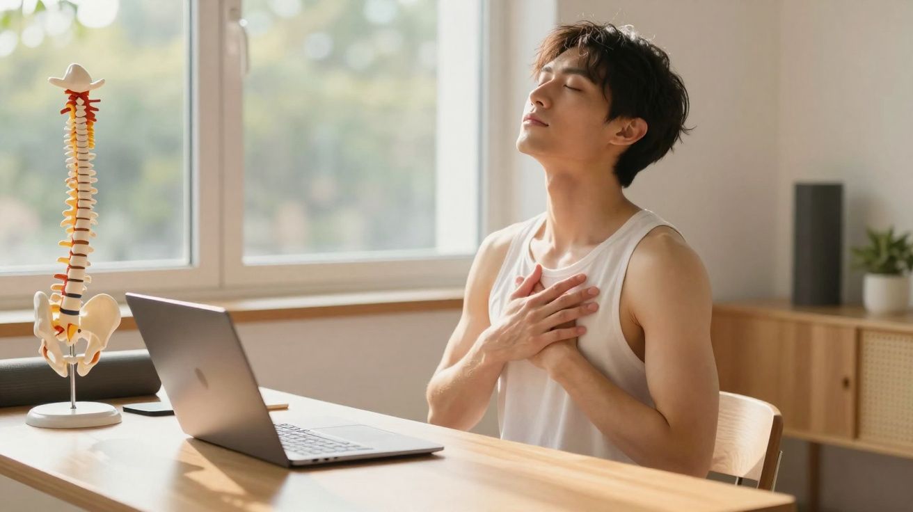 Jovem sentado à secretária com laptop e modelo de coluna vertebral, a relaxar com olhos fechados e mãos no peito.