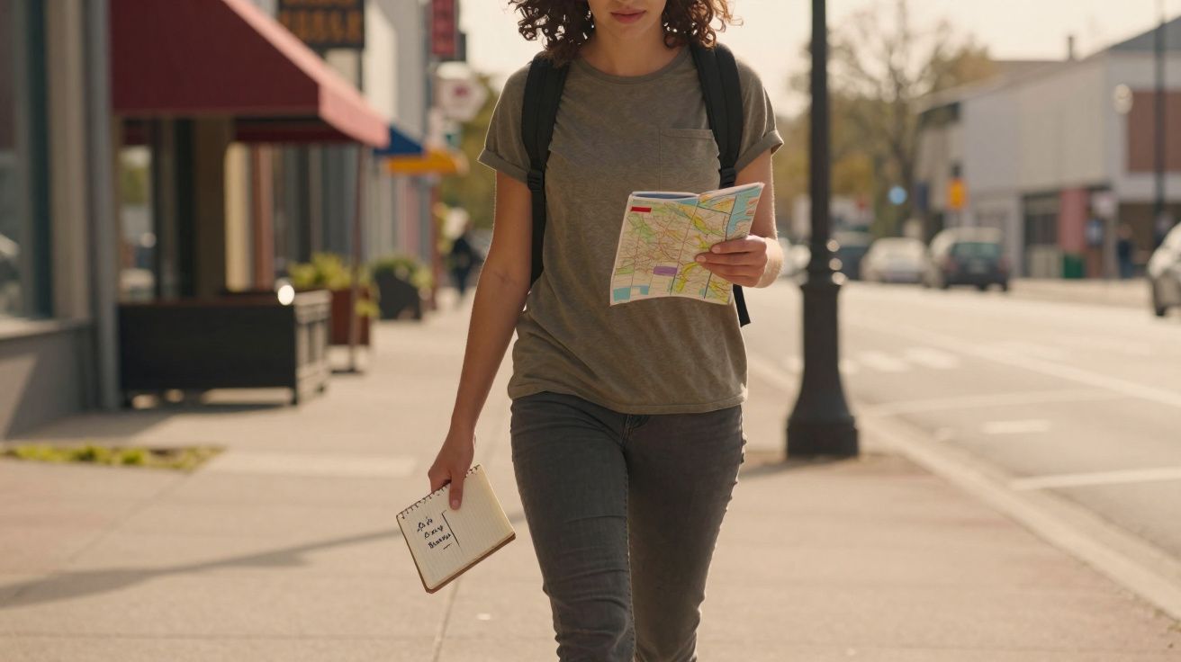 Pessoa jovem a caminhar na rua com mochila, consultando um mapa e um caderno.
