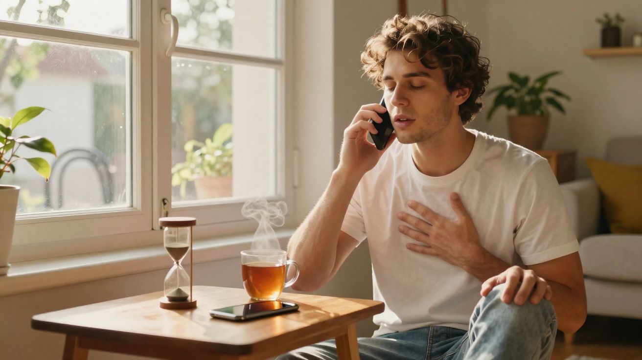 Homem jovem ao telefone sentado junto a uma mesa com chá quente, ampulheta e telemóvel numa sala iluminada.