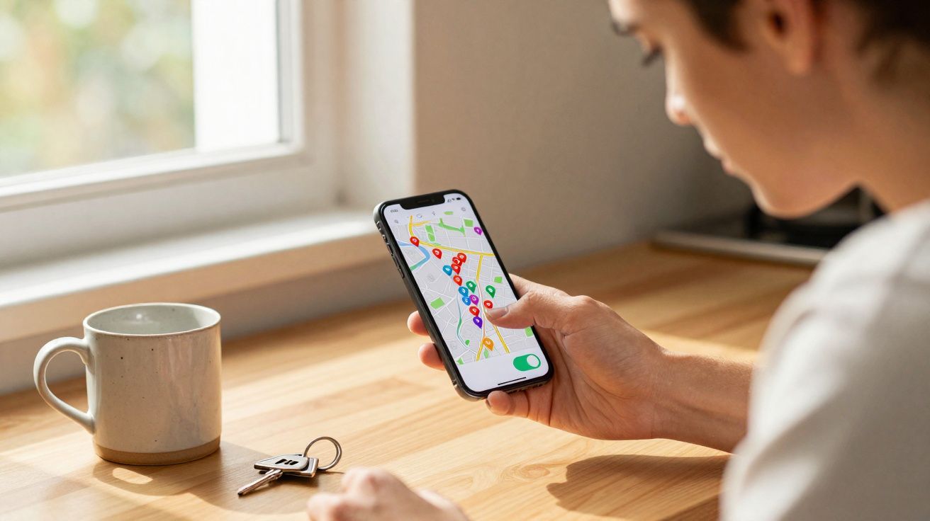 Pessoa a segurar telemóvel com mapa e marcadores, sentado numa mesa com chávena e chave.