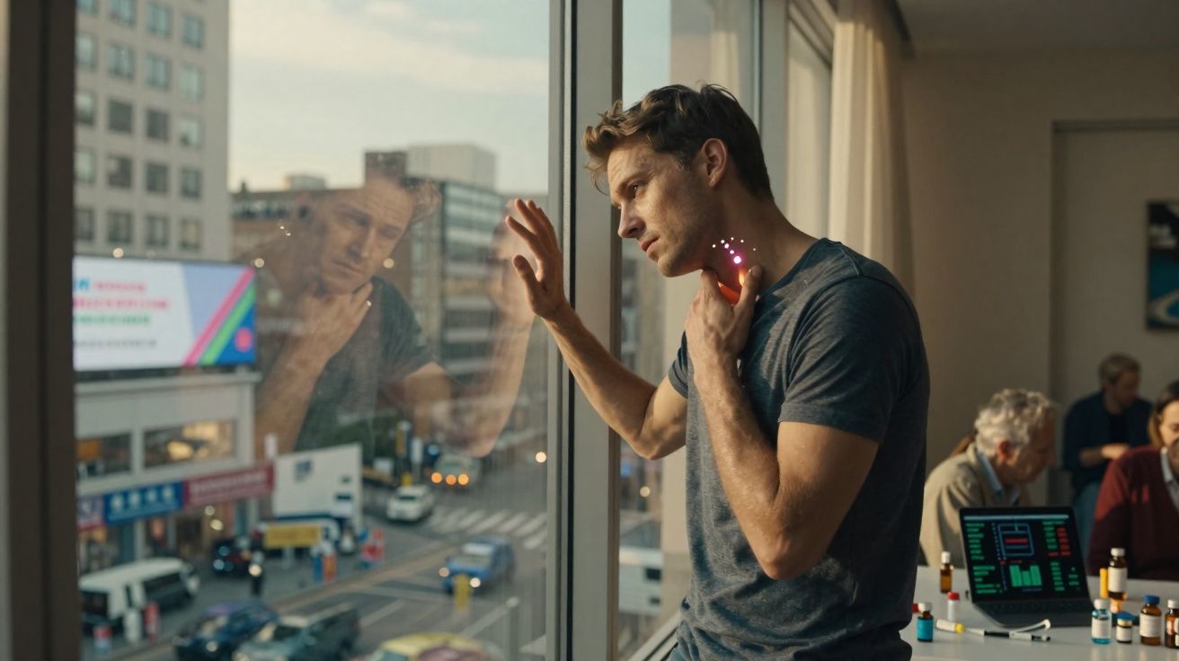 Homem com expressão dolorida segura o pescoço, olhando pela janela enquanto pessoas trabalham ao fundo.