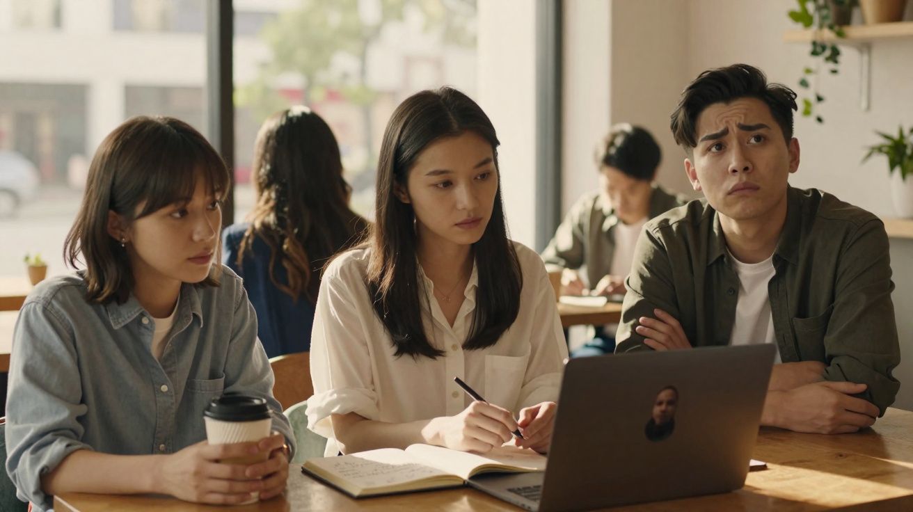 Três jovens sentados à mesa num café, olhando para o ecrã de um portátil, com expressão pensativa.