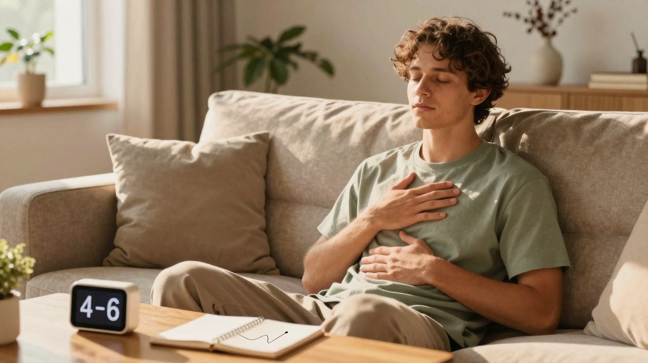 Jovem sentado no sofá com olhos fechados, realizando exercício de respiração profunda.