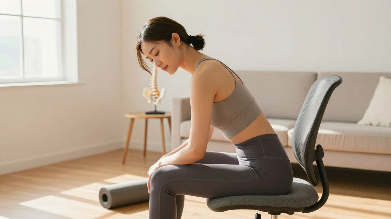 Mulher sentada numa cadeira a fazer alongamento de costas, num quarto com luz natural.