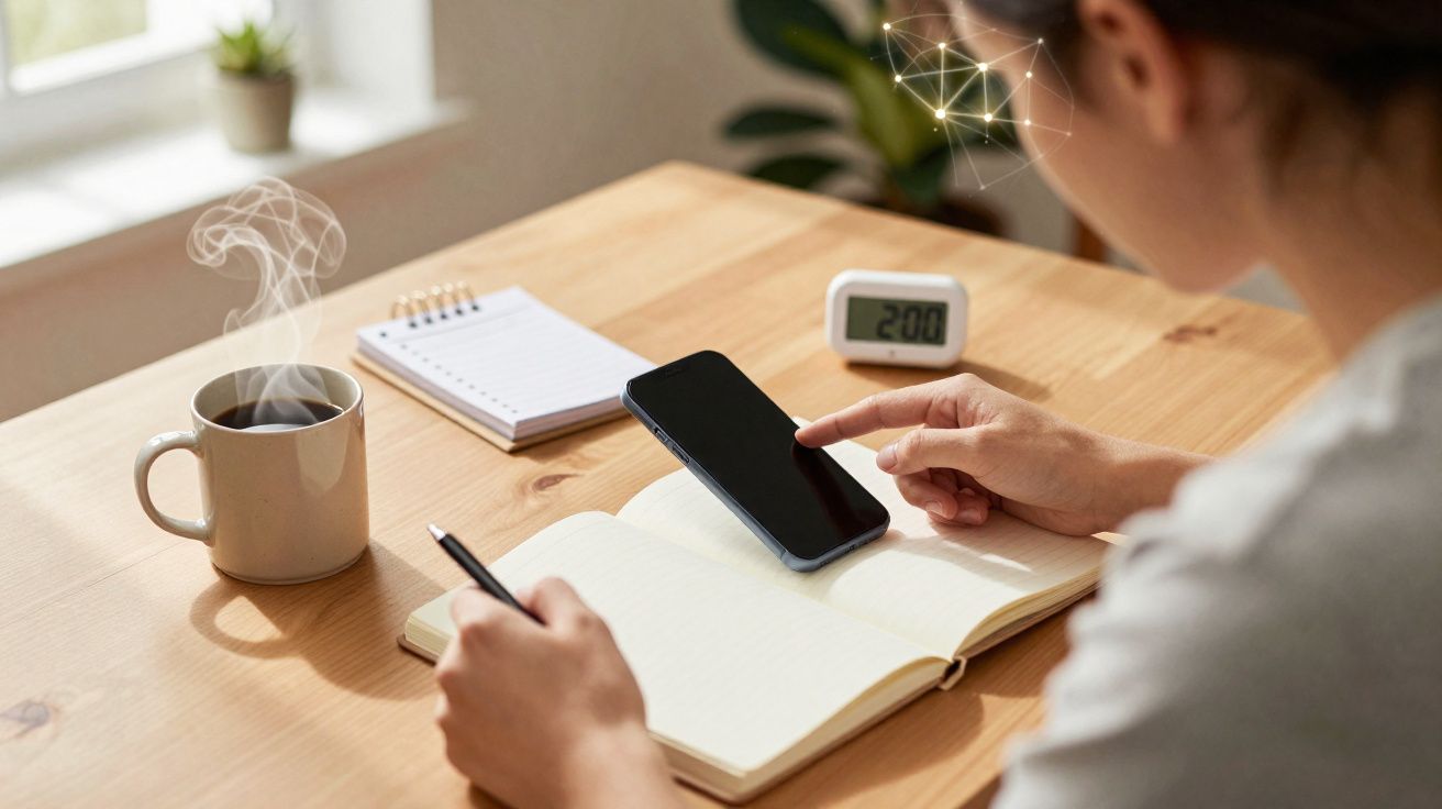 Pessoa a estudar numa mesa com café, caderneta, telemóvel e relógio digital, num ambiente iluminado naturalment.
