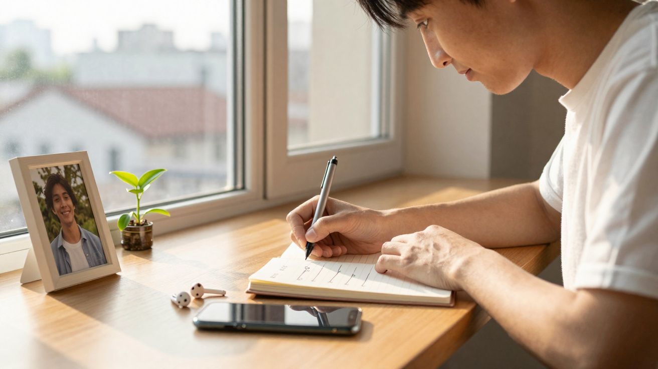 Jovem a escrever numa agenda numa secretária junto a uma fotografia, planta, auriculares e telemóvel.