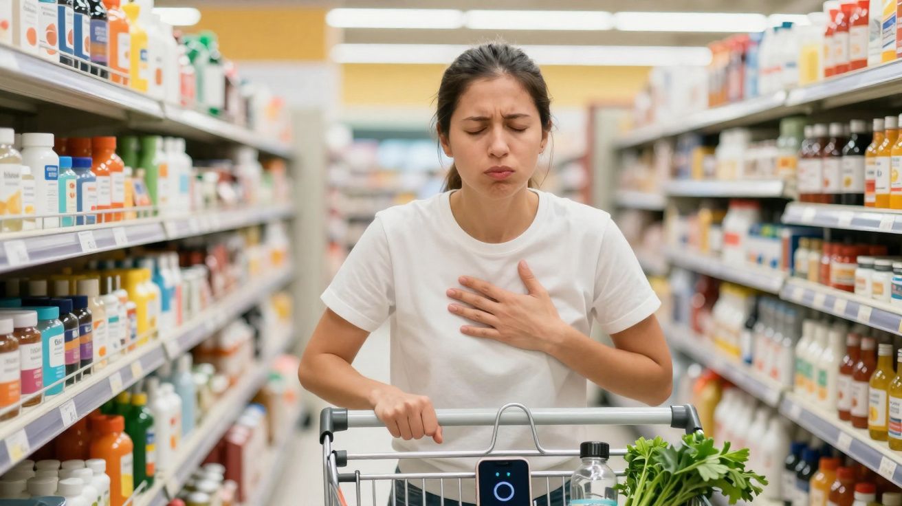 Mulher no supermercado com expressão de desconforto, a tocar no peito, ao lado de carrinho de compras.