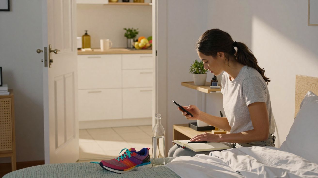 Mulher sentada na cama, a olhar para o telemóvel, com ténis coloridos e garrafa de água sobre a cama.