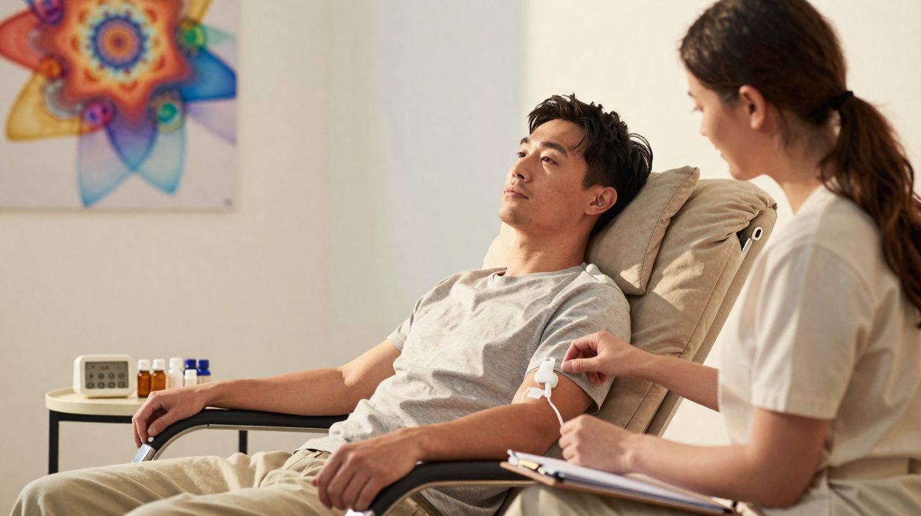 Homem a receber soro intravenoso enquanto enfermeira observa e faz anotações numa clínica.