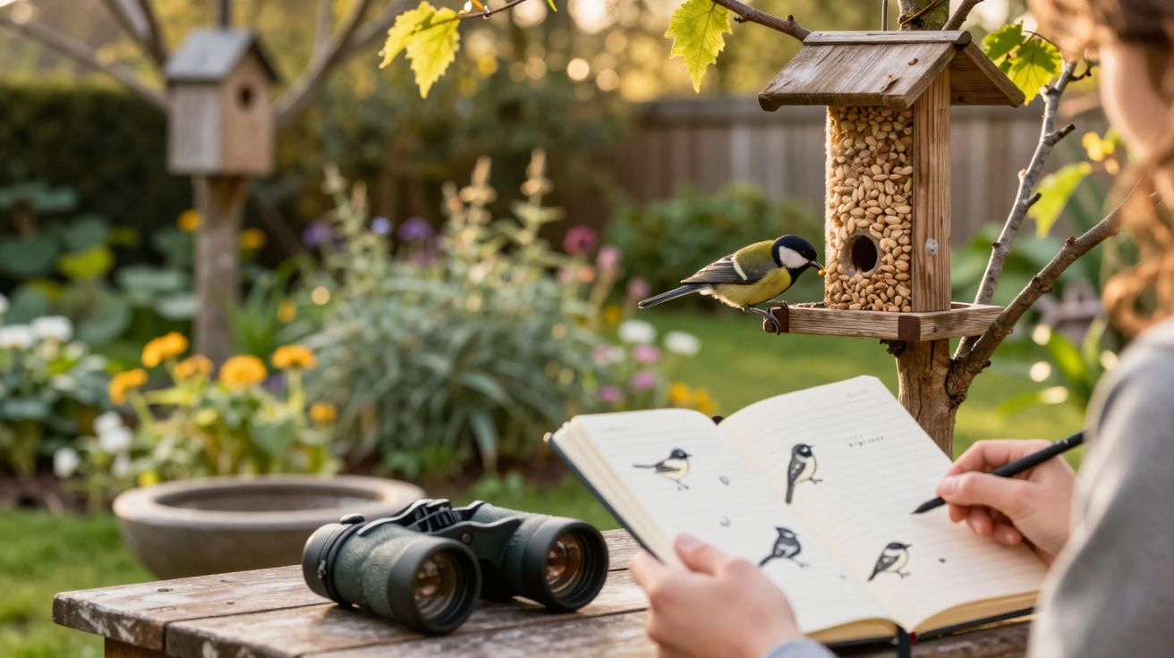Pessoa a observar e desenhar um pássaro numa área verde com comedouro e binóculos sobre mesa de madeira.