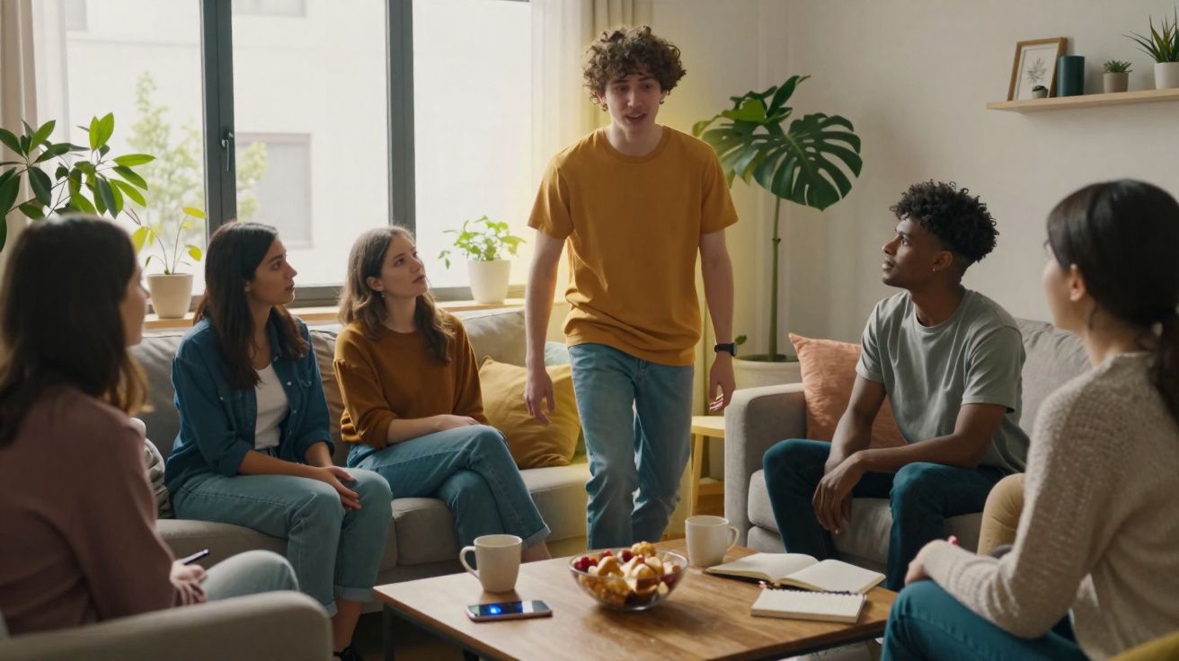 Jovem de pé a falar para grupo sentado numa sala de estar iluminada e acolhedora.