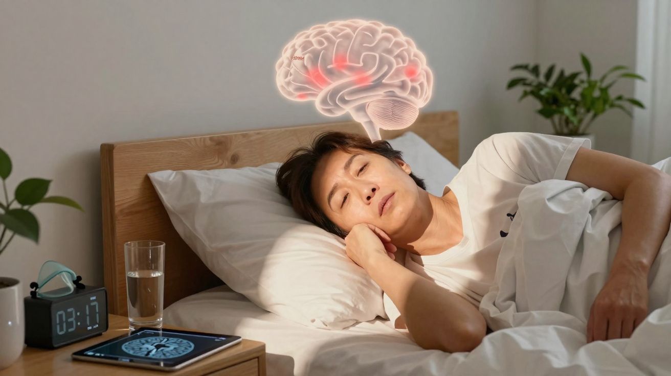 Pessoa a dormir na cama com ilustração digital de cérebro a indicar atividade cerebral.