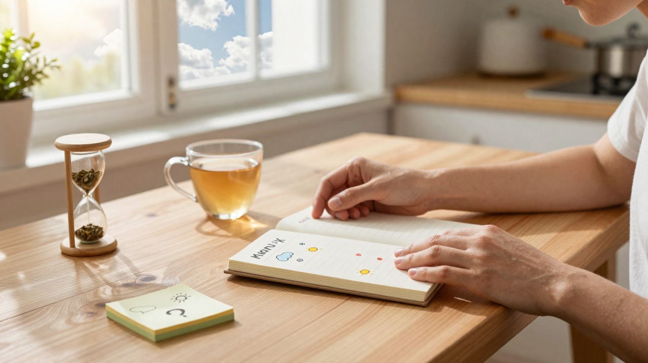 Pessoa a planear a semana num caderno, com chá, ampulheta e blocos de notas numa mesa de madeira.