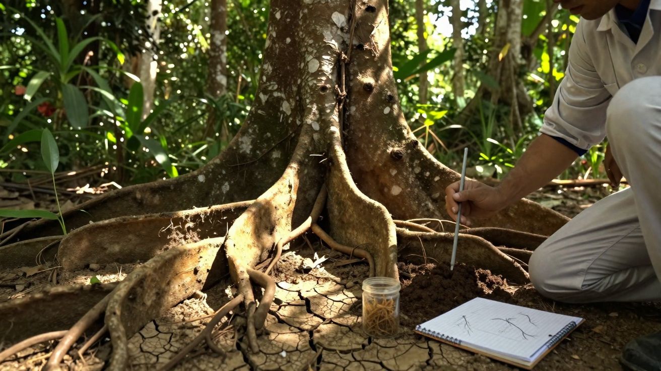 Pessoa a estudar as raízes de uma árvore numa floresta, com caderno e frasco ao lado.