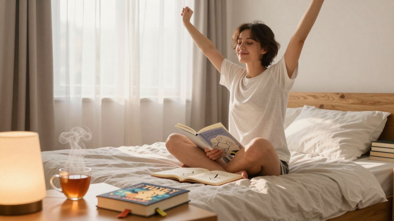 Mulher sentada na cama a esticar os braços, rodeada de livros, luz natural e chá quente numa chávena.