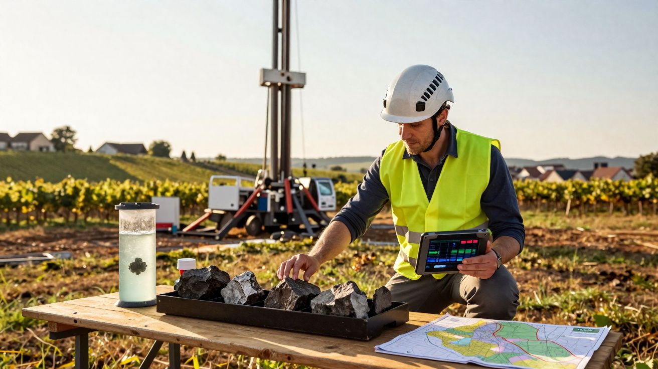 Geólogo com colete e capacete analisa pedras numa mesa ao ar livre com mapa e equipamento, em campo aberto.