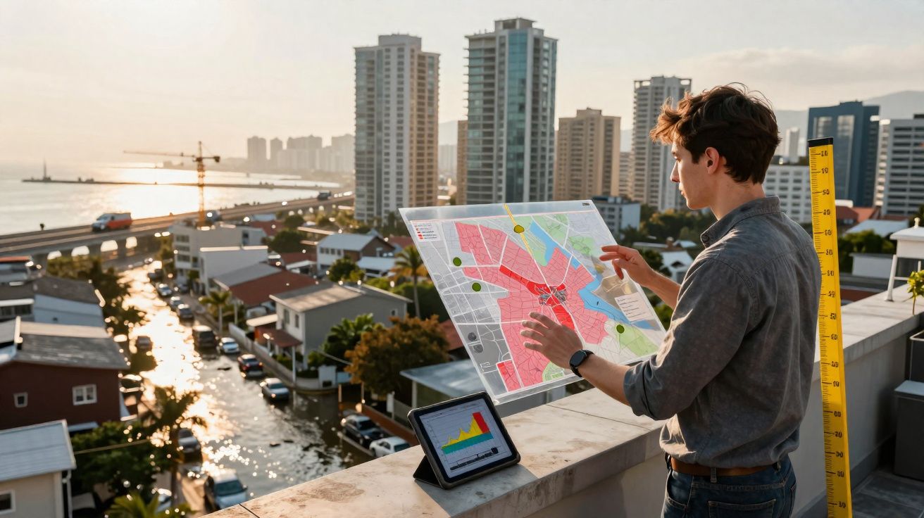 Homem analisa mapa urbano transparente numa varanda com vista para cidade e estrada inundada ao pôr do sol.