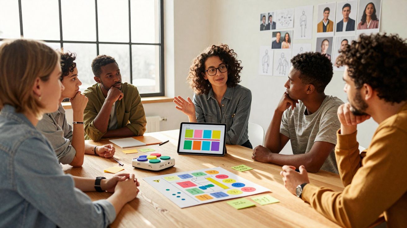 Grupo diverso em reunião criativa com esquemas coloridos e tablet numa sala iluminada com janelas grandes.