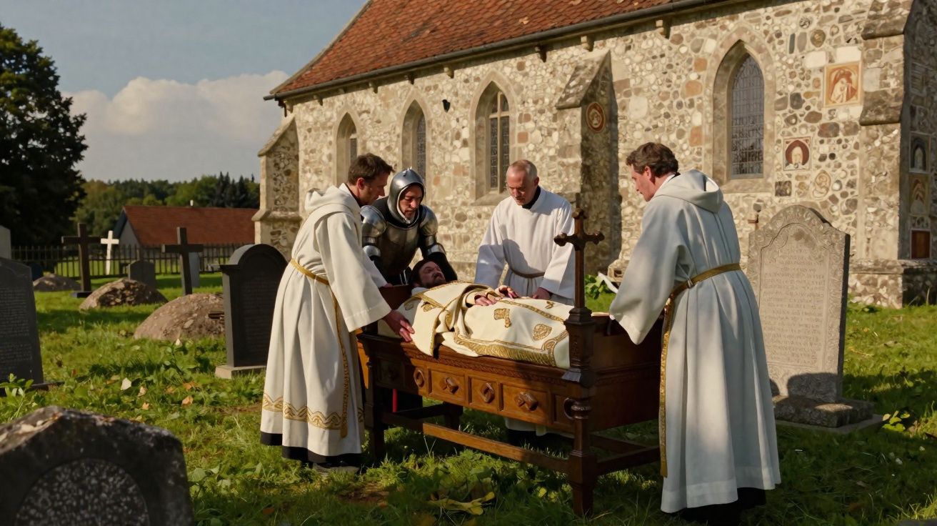 Quatro homens em vestes religiosas e um cavaleiro em armadura ao redor de um corpo numa igreja antiga.