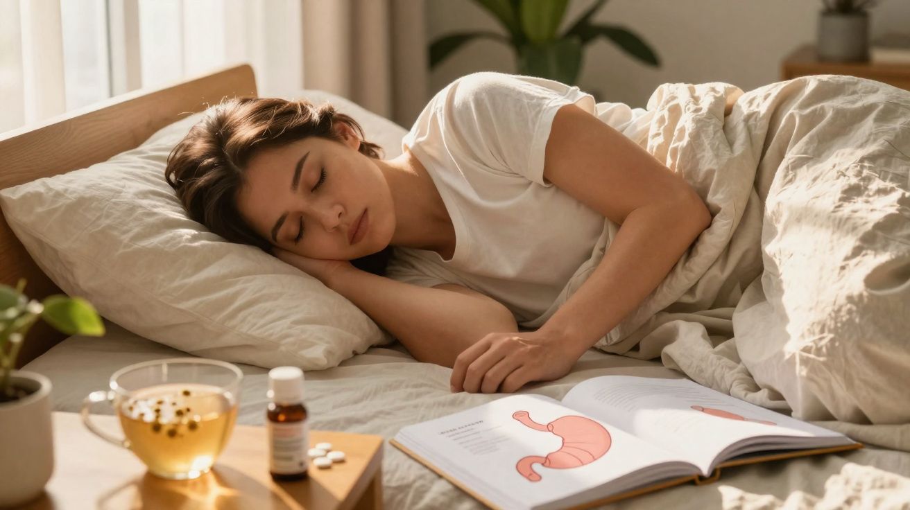 Mulher deitada na cama a descansar, ao lado chá, remédios e livro aberto com ilustração de estômago.